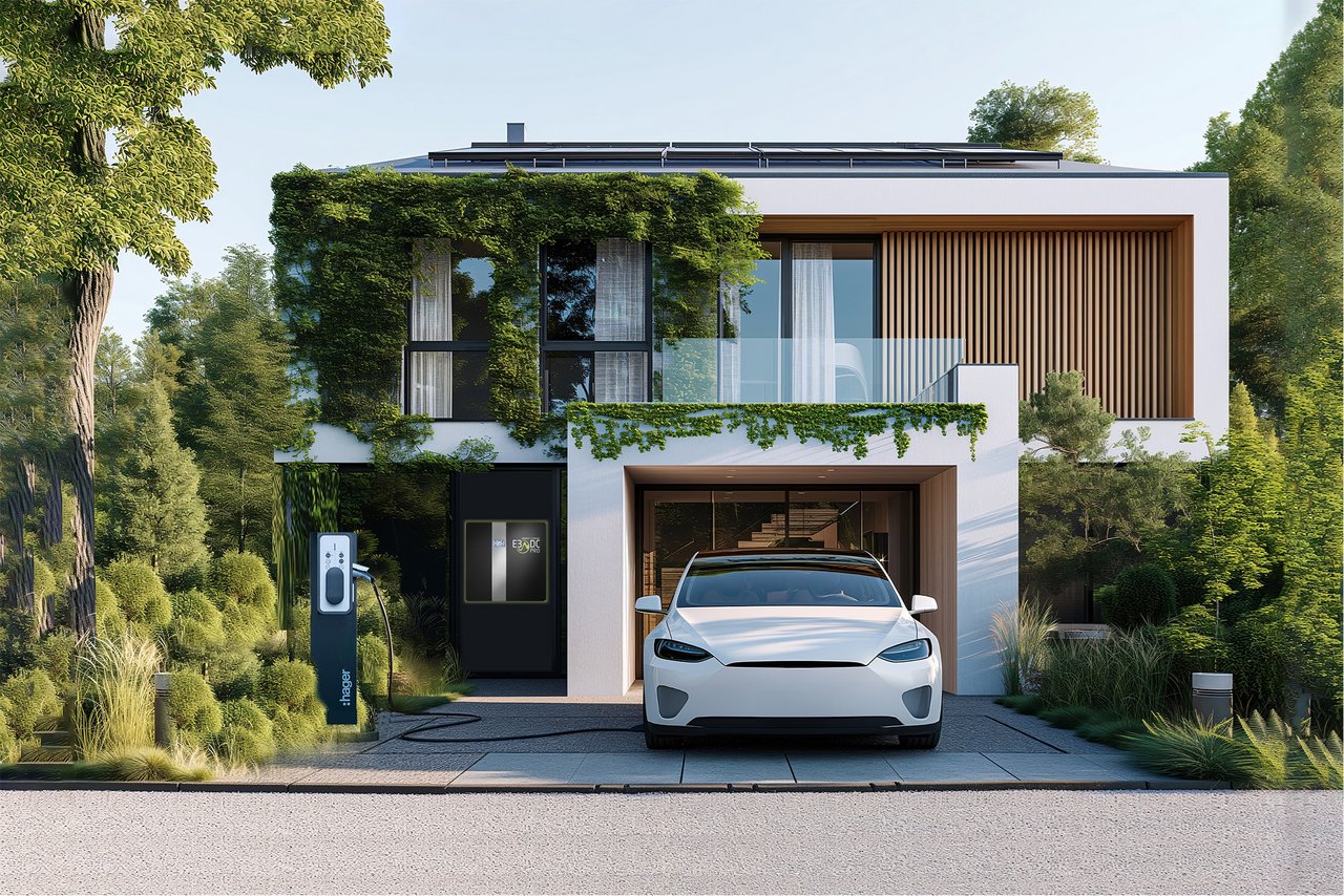 Abbildung eines E-Autos in einer Hofeinfahrt