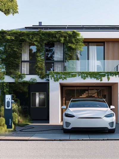 Abbildung eines E-Autos in einer Hofeinfahrt