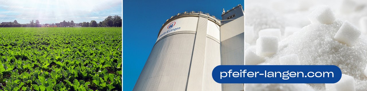 Drei Fotos nebeneinanber: Ein Foto von einem grün bewachsenen Acker, ein Foto von einem Fabrikgebäude und ein Foto von Zucker