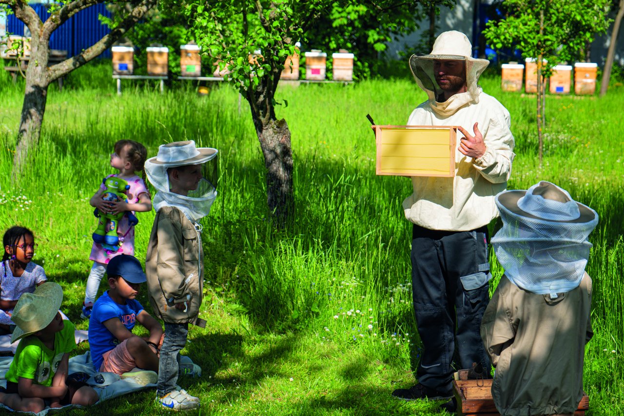 Kinder auf der Wiese mit einem Imker. 