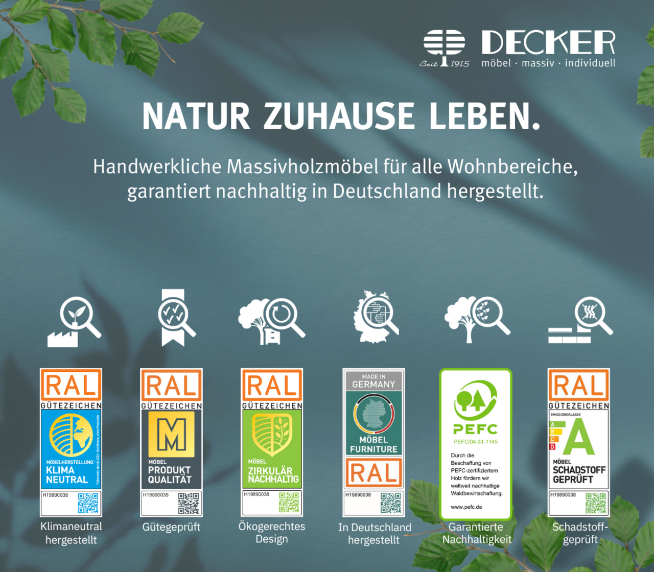 Abbildung von Gütezeichen und Zertifizierungen: Klimaneutral, Produktqualität, Zirkulär-nachhaltig, Made in Germany, PEFC-zertifiziertes Holz, Schadstoff-geprüft