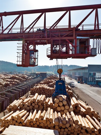 Foto von einem Kran, der Baumstämme auf einem Holzlagerplatz bewegt